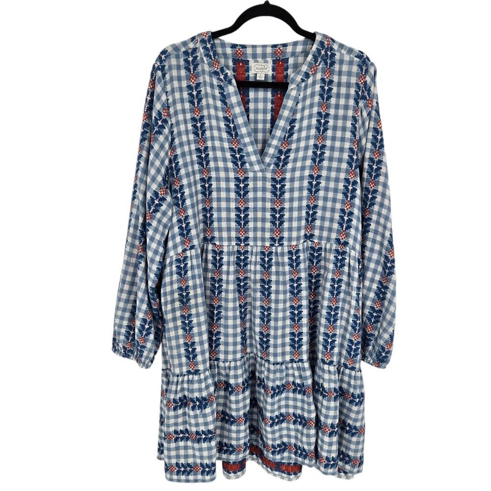 Mud Pie Large Eliza blue white red embroidered gingham plaid prairie dress
